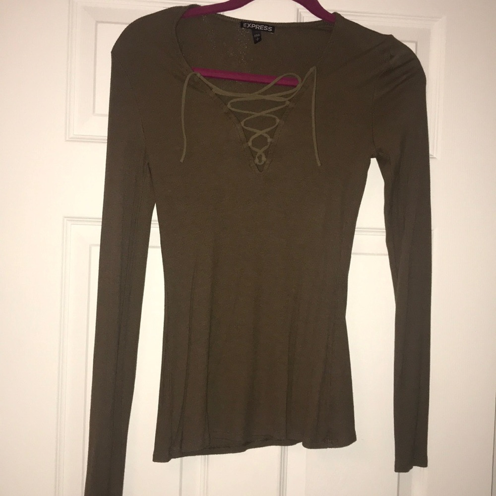 olive green lace up blouse